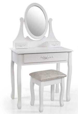 CONSOLLE PER MAKE UP CON SGABELLO E SPECCHIO TONDO 70X40X132CM COLORE BIANCO