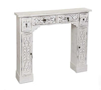 CORNICE PER CAMINETTO 115X23X H95 CM BIANCO SHABBY CON 2 ANTE E 4 CASSETTI