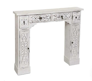 CORNICE PER CAMINETTO 115X23X H95 CM BIANCO SHABBY CON 2 ANTE E 4 CASSETTI
