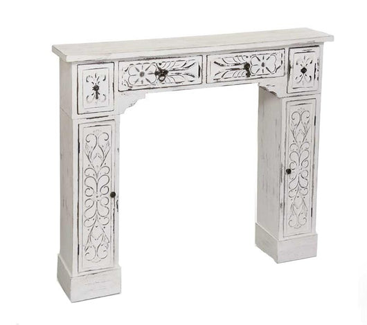 CORNICE PER CAMINETTO 115X23X H95 CM BIANCO SHABBY CON 2 ANTE E 4 CASSETTI