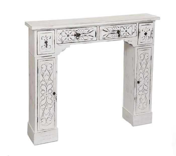 CORNICE PER CAMINETTO 115X23X H95 CM BIANCO SHABBY CON 2 ANTE E 4 CASSETTI