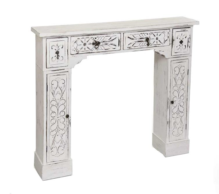 CORNICE PER CAMINETTO 115X23X H95 CM BIANCO SHABBY CON 2 ANTE E 4 CASSETTI