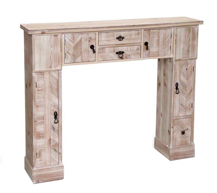 CORNICE PER CAMINETTO 120X23X H100 CM IN LEGNO SHABBY CON 2 ANTE E 5 CASSETTI