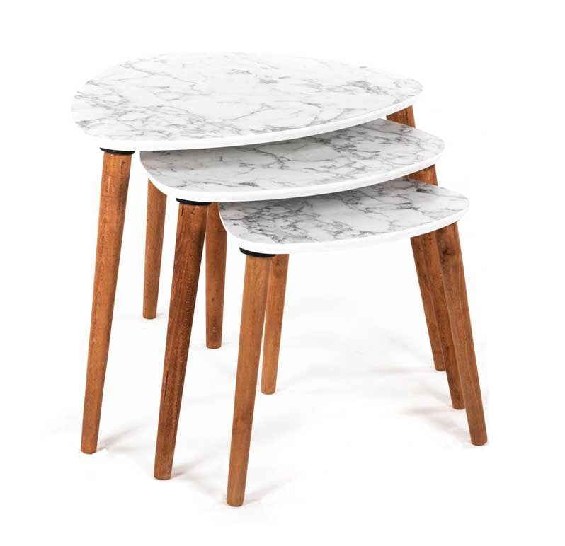 SET 3 TAVOLINI DA ARREDO EFFETTO MARMO BIANCO CON GAMBE NATURAL 49/44/39H CM