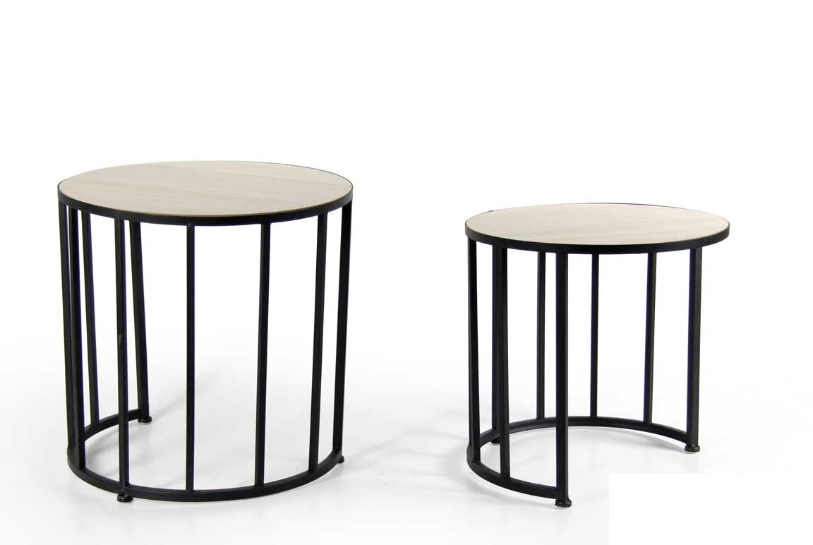 MEMPHIS SET 2 TAVOLINI TONDI IN METALLO NERO CON TOP LEGNO