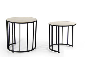 MEMPHIS SET 2 TAVOLINI TONDI IN METALLO NERO CON TOP LEGNO