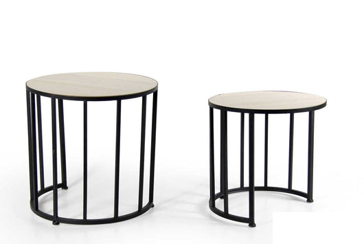 MEMPHIS SET 2 TAVOLINI TONDI IN METALLO NERO CON TOP LEGNO