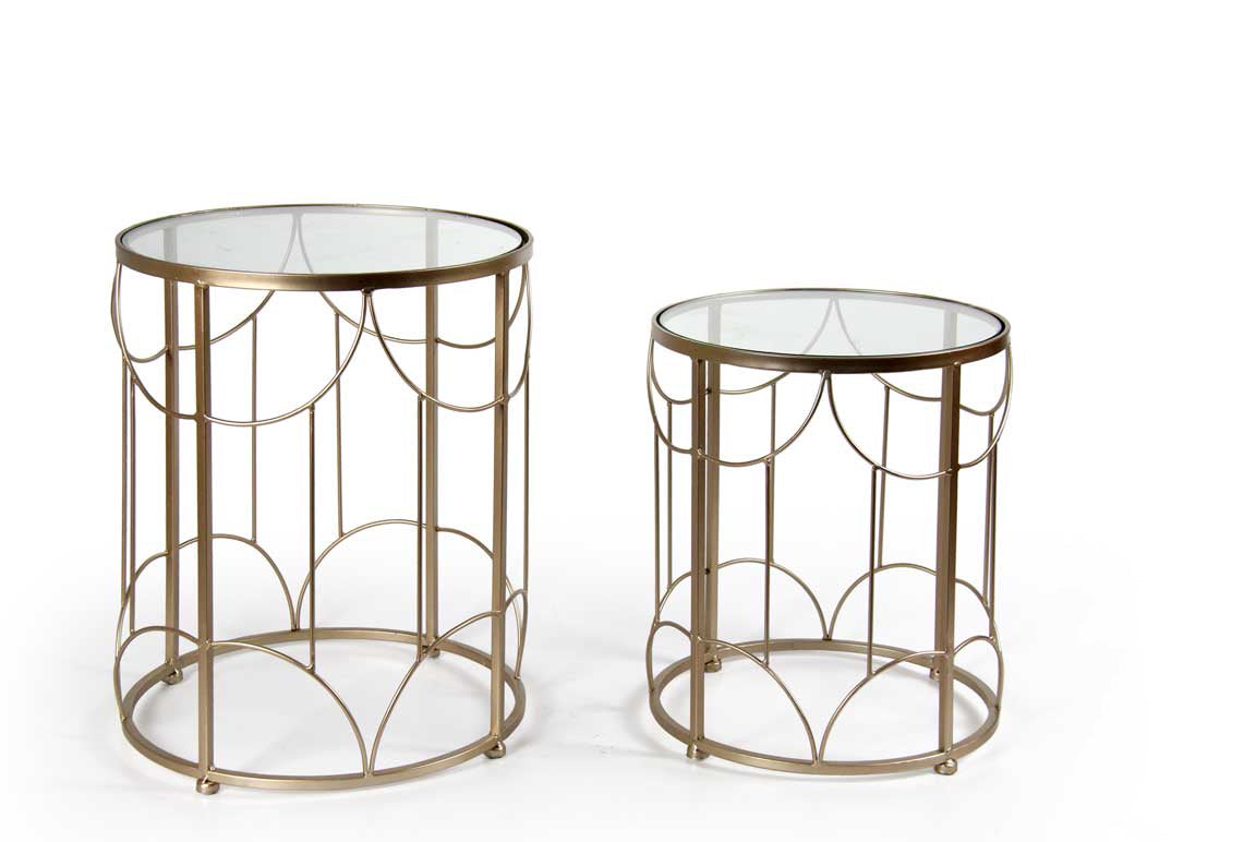 SET DI 2 TAVOLINI IN METALLO CON VETRO TONDI DA 49 E 40 CM IN COLORE ORO