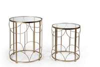 SET DI 2 TAVOLINI IN METALLO CON VETRO TONDI DA 49 E 40 CM IN COLORE ORO
