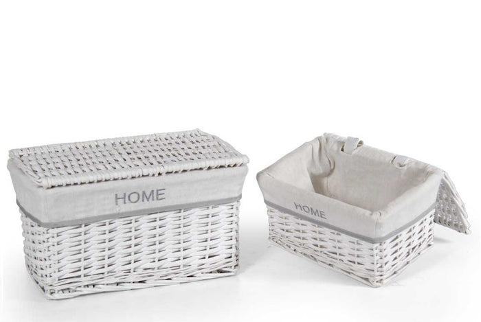 CESTE BIANCHE RETTANGOLARI IN TESSUTO CON SCRITTA HOME SET 2PZ CON COPERCHIO