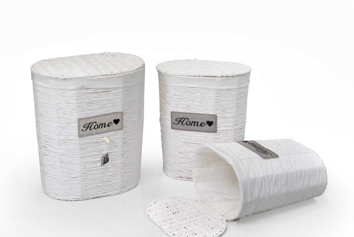 SET 3 CESTE OVALI PORTABIANCHERIA HOME 54/49/44 IN COLORE BIANCO