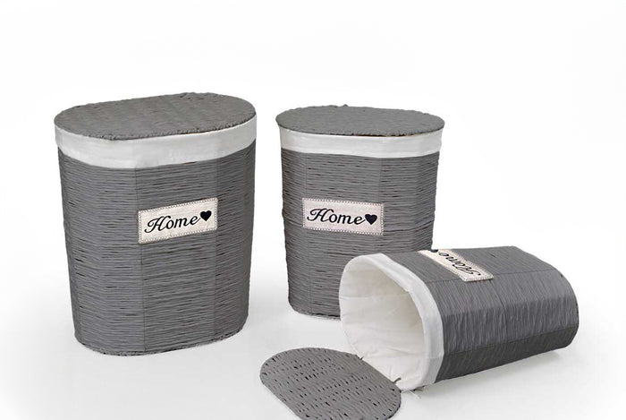 SET 3 CESTE OVALI PORTABIANCHERIA HOME 54/49/44 IN COLORE GRIGIO E BIANCO