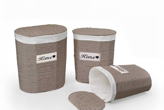 SET 3 CESTE OVALI PORTABIANCHERIA HOME 54/49/44 IN COLORE TORTORA E BIANCO