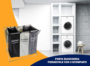 CESTO PORTABIANCHERIA A 3 SCOMPARTI IN TESSUTO STRUTTURA IN ALLUMINIO PIEGHEVOLE
