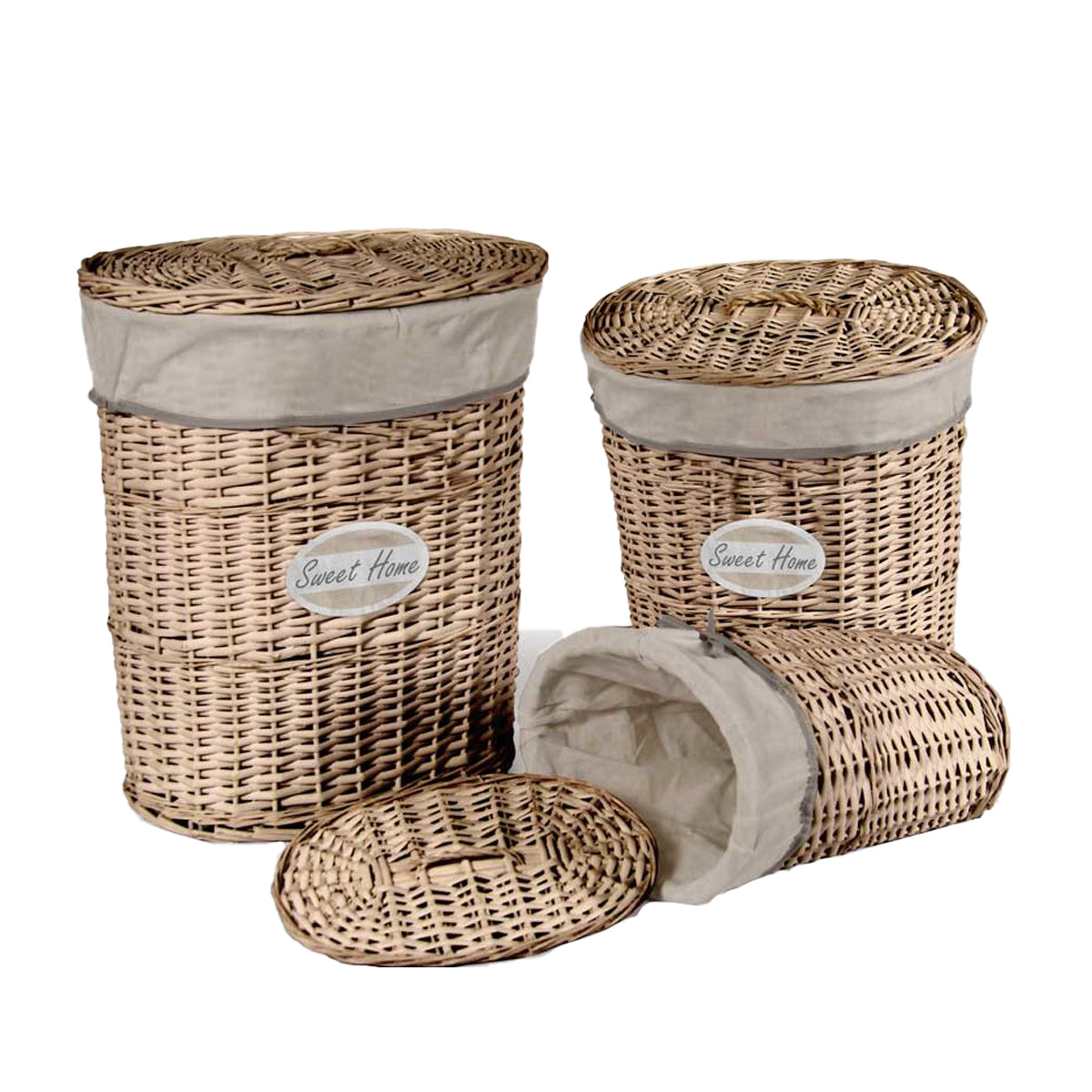 SET 3 CESTE OVALI SWEET HOME PORTA BIANCHERIA IN LEGNO NATURALE