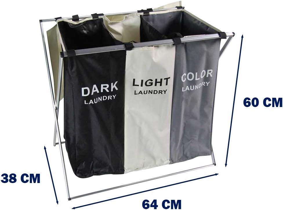 CESTO PORTABIANCHERIA A 3 SCOMPARTI IN TESSUTO STRUTTURA IN ALLUMINIO PIEGHEVOLE