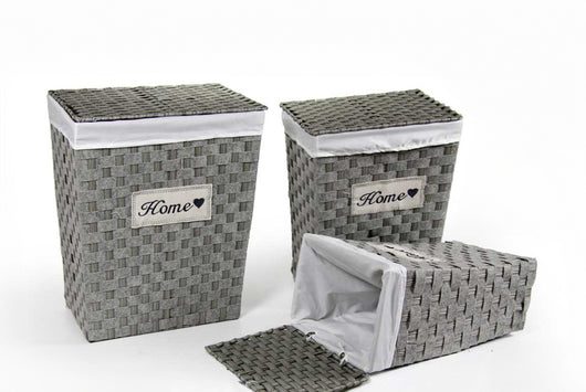 TRIS CESTE PORTABIANCHERIA IN VIMINI E TESSUTO HOME  BIANCO E GRIGIO