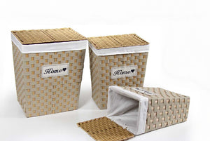 TRIS CESTE PORTABIANCHERIA IN VIMINI E TESSUTO HOME  BIANCO E LEGNO NATURALE