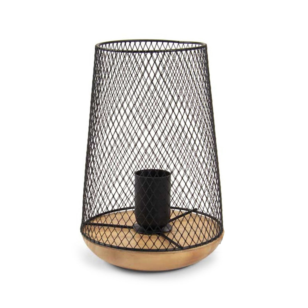LAMPADA DA ARREDO IN METALLO CON BASE LEGNO A RETE 17X17X23CM IN COLORE NERO
