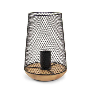 LAMPADA DA ARREDO IN METALLO CON BASE LEGNO A RETE 17X17X23CM IN COLORE NERO
