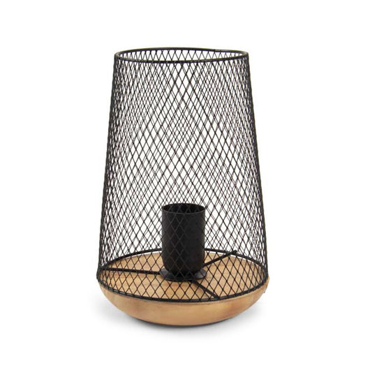 LAMPADA DA ARREDO IN METALLO CON BASE LEGNO A RETE 17X17X23CM IN COLORE NERO