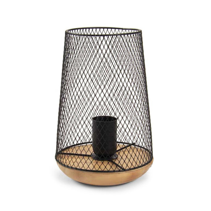 LAMPADA DA ARREDO IN METALLO CON BASE LEGNO A RETE 17X17X23CM IN COLORE NERO