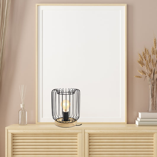 LAMPADA DA ARREDO IN METALLO NERO CON BASE IN LEGNO 17X17X24CM  STILE BOHO