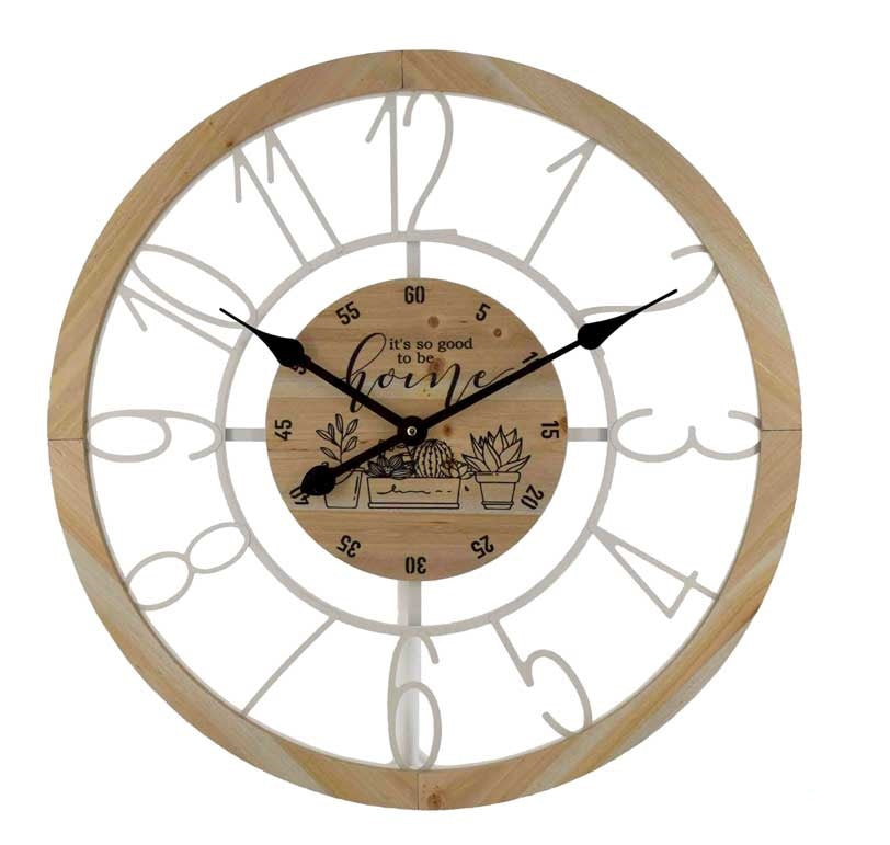 OROLOGIO IN METALLO DA PARETE 60X5X60 CM CON INSERTI IN LEGNO E SCRITTA HOME