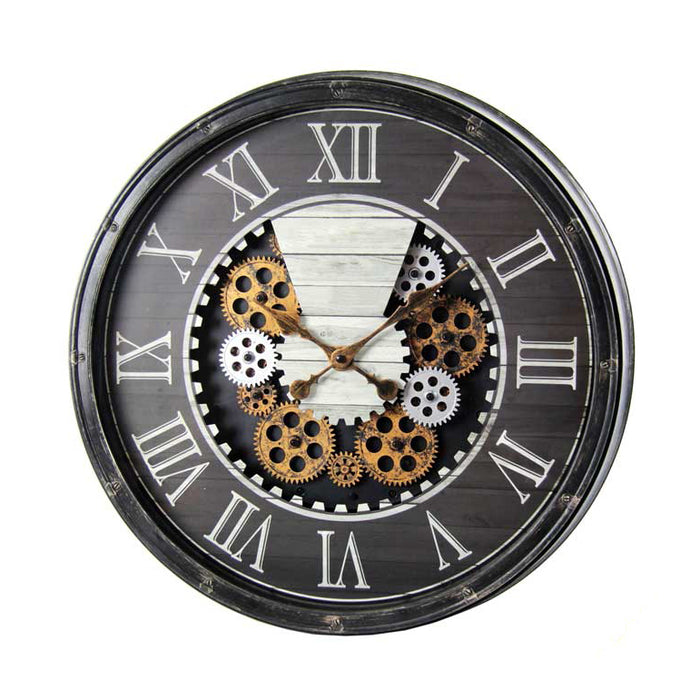 OROLOGIO DA PARETE TONDO CON CORNICE NERA E INGRANAGGI 50,8X50,8X8 CM