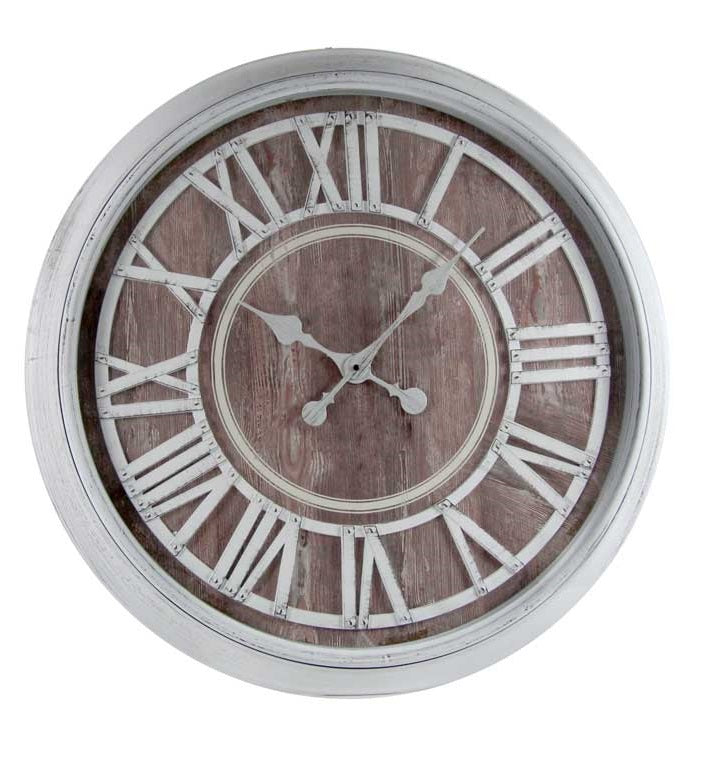 OROLOGIO DA PARETE STILE SHABBY CON NUMERI ROMANI 76X6 CM BIANCO E MARRONE