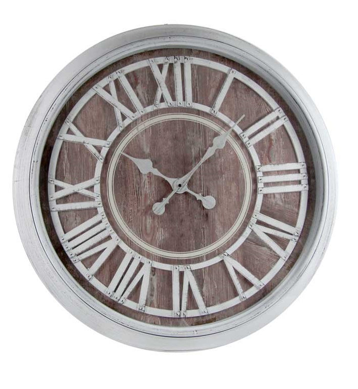 OROLOGIO DA PARETE STILE SHABBY CON NUMERI ROMANI 76X6 CM BIANCO E MARRONE