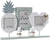 CORNICE PORTAFOTO DA APPOGGIO, MULTIFOTO 3 POSTI IN LEGNO SHABBY ANANAS E CUORE