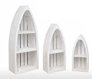 TRIS DI SCAFFALI DECORATIVI A BARCA IN LEGNO SHABBY DI COLORE BIANCO