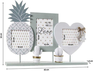 CORNICE PORTAFOTO DA APPOGGIO, MULTIFOTO 3 POSTI IN LEGNO SHABBY ANANAS E CUORE