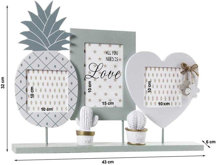 CORNICE PORTAFOTO DA APPOGGIO, MULTIFOTO 3 POSTI IN LEGNO SHABBY ANANAS E CUORE