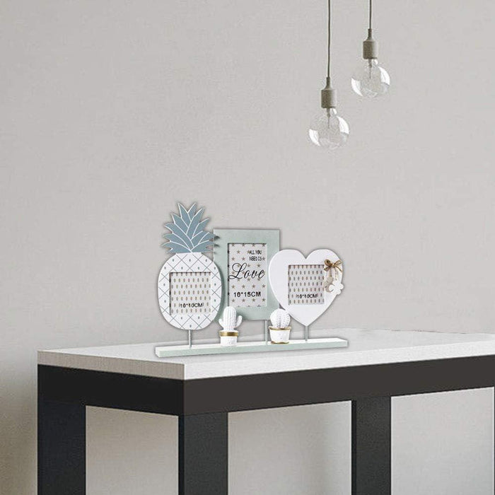 CORNICE PORTAFOTO DA APPOGGIO, MULTIFOTO 3 POSTI IN LEGNO SHABBY ANANAS E CUORE