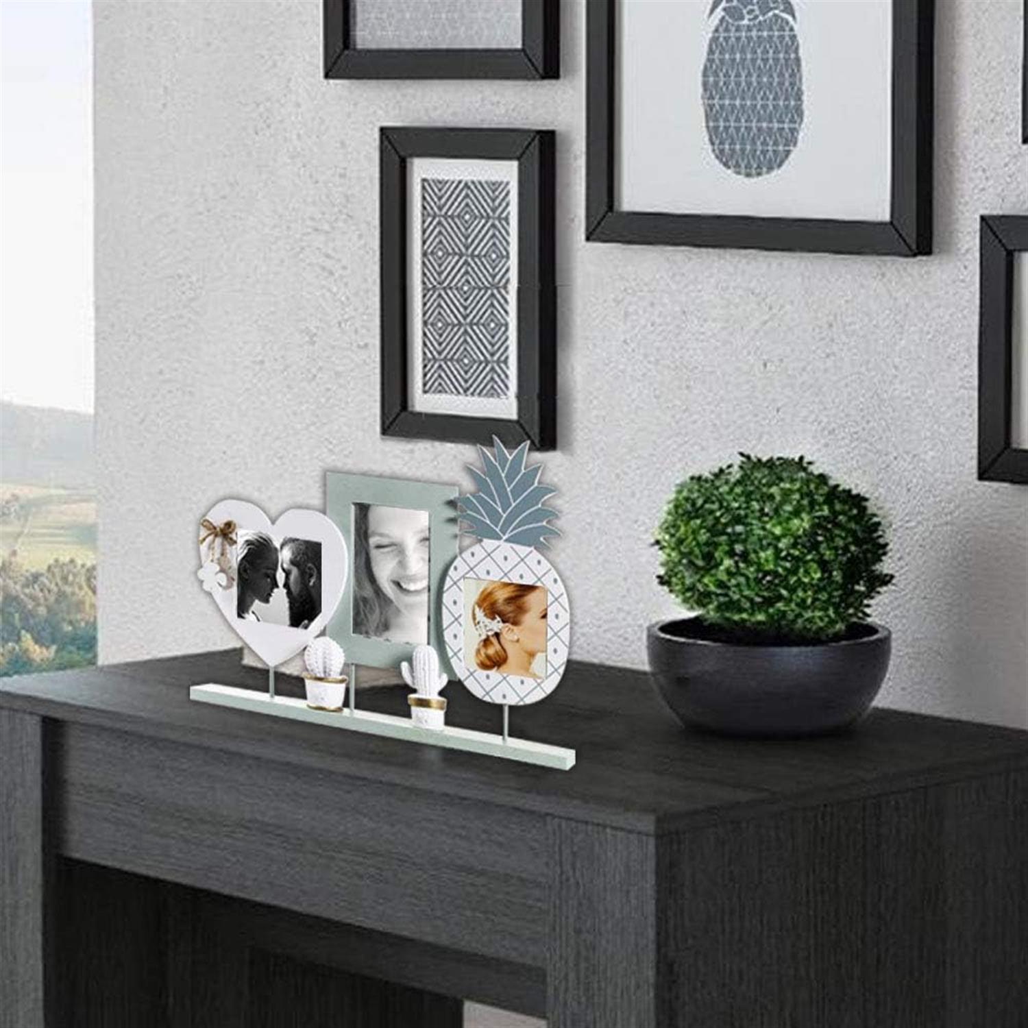 CORNICE PORTAFOTO DA APPOGGIO, MULTIFOTO 3 POSTI IN LEGNO SHABBY ANANAS E CUORE