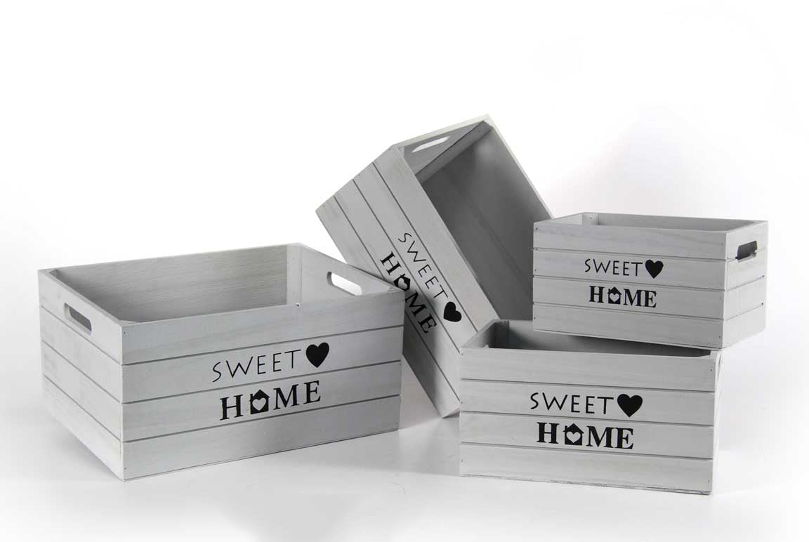 SET 4 CASSETTE DECORATIVE SWEET HOME IN LEGNO GRIGIO STILE SHABBY