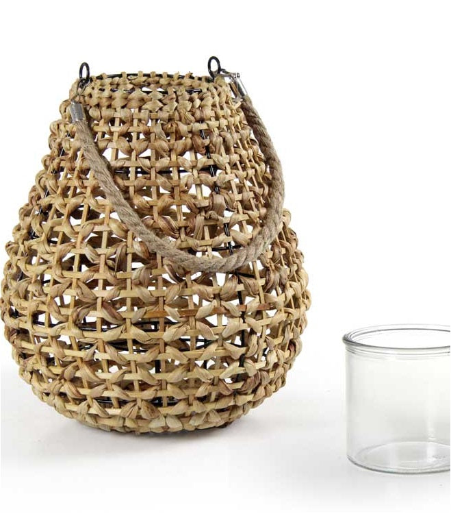 LANTERNA PORTACANDELA TONDA CON BICCHIERE IN VETRO 32X38 CM COLORE NATURALE