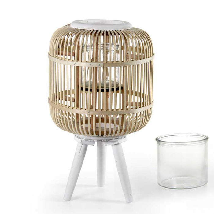 LANTERNA IN VIMINI TONDA CON TRE PIEDI BIANCHI 31X76CM IN LEGNO NATURALE