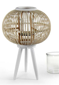 LANTERNA TONDA PORTACANDELA IN LEGNO VETRO E BAMBU 34X50 CM BIANCO E LEGNO