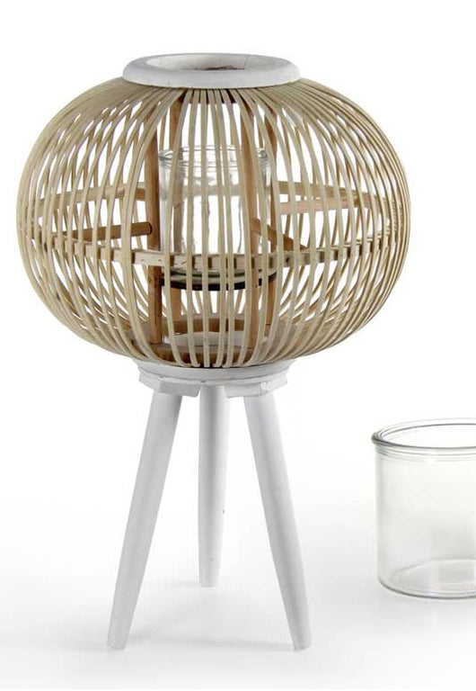LANTERNA TONDA PORTACANDELA IN LEGNO VETRO E BAMBU 34X50 CM BIANCO E LEGNO
