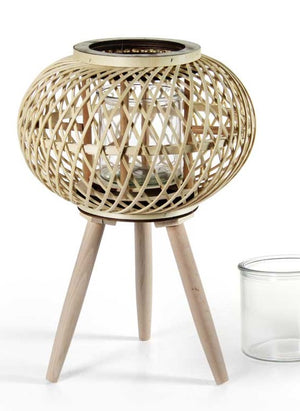 LANTERNA TONDA PORTACANDELA IN LEGNO VETRO E BAMBU 15X36 CM ORO CON PIEDINI