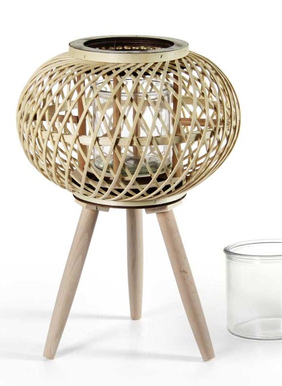 LANTERNA TONDA PORTACANDELA IN LEGNO VETRO E BAMBU 15X36 CM ORO CON PIEDINI