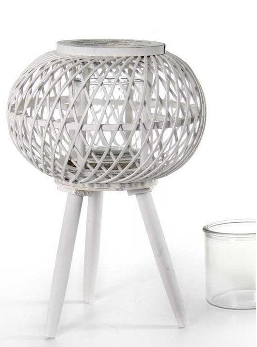 LANTERNA TONDA PORTACANDELA IN LEGNO VETRO E BAMBU 17X61 CM BIANCA CON PIEDINI