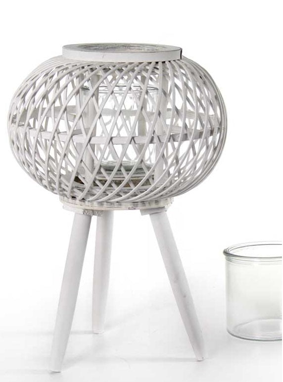 LANTERNA TONDA PORTACANDELA IN LEGNO VETRO E BAMBU 17X61 CM BIANCA CON PIEDINI