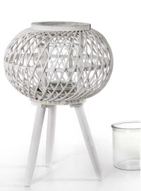 LANTERNA TONDA PORTACANDELA IN LEGNO VETRO E BAMBU 17X64 CM BIANCA CON PIEDINI