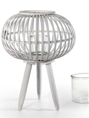 LANTERNA TONDA PORTACANDELA IN LEGNO VETRO E BAMBU 39X51 CM BIANCA CON PIEDINI