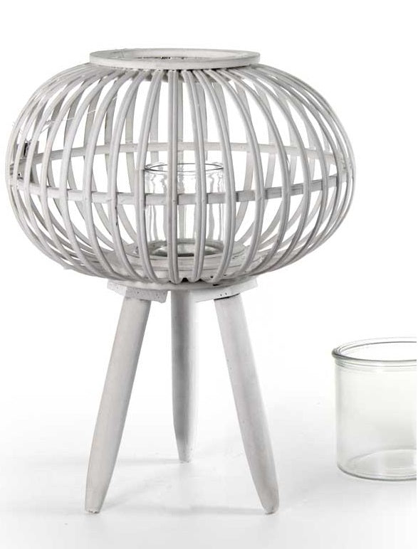 LANTERNA TONDA PORTACANDELA IN LEGNO VETRO E BAMBU 39X51 CM BIANCA CON PIEDINI