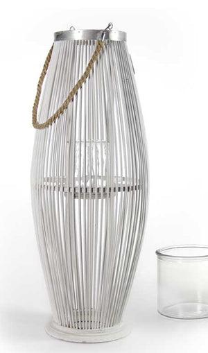 LANTERNA PORTACANDELA TONDA CON INTRECCIO DI CANNA 34X34X895 CM BIANCA